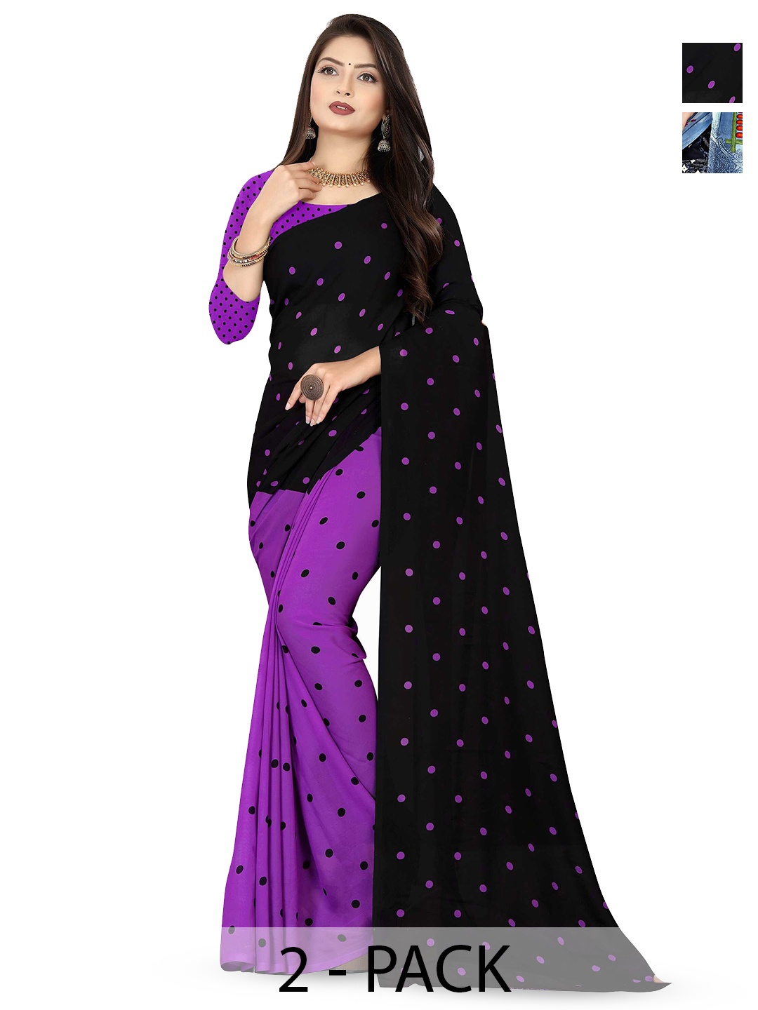 

ANAND SAREES Selection Of 2 Polka Dot Printed Saree, Black