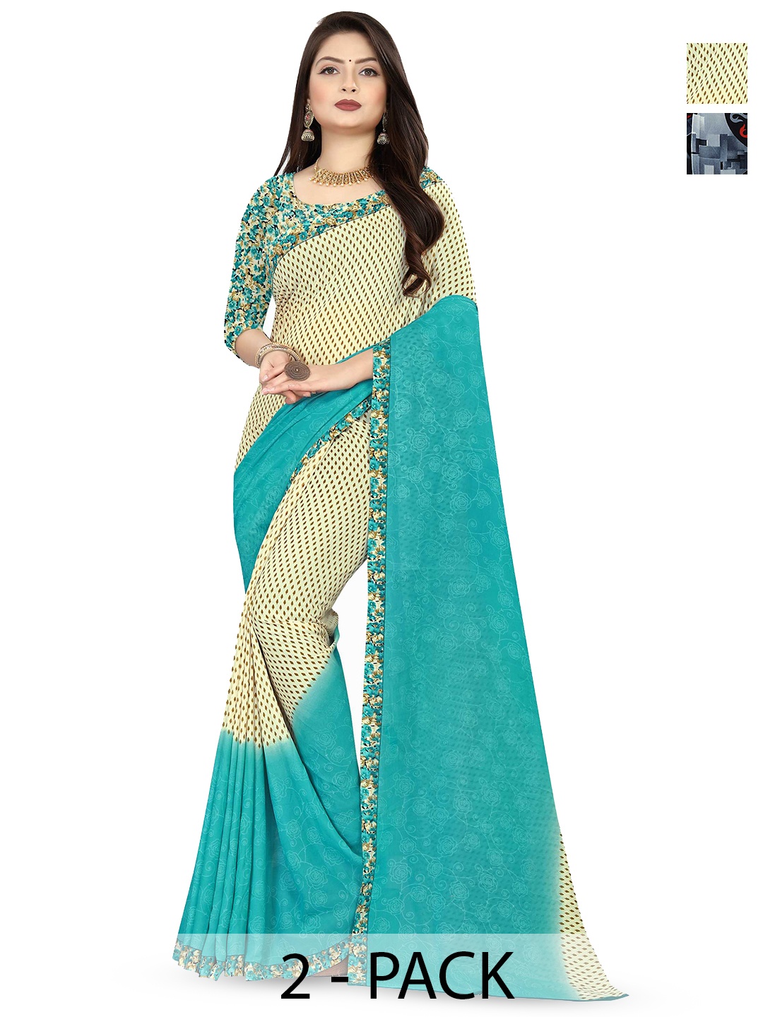 

ANAND SAREES Selection Of 2 Floral Printed Sarees, Blue
