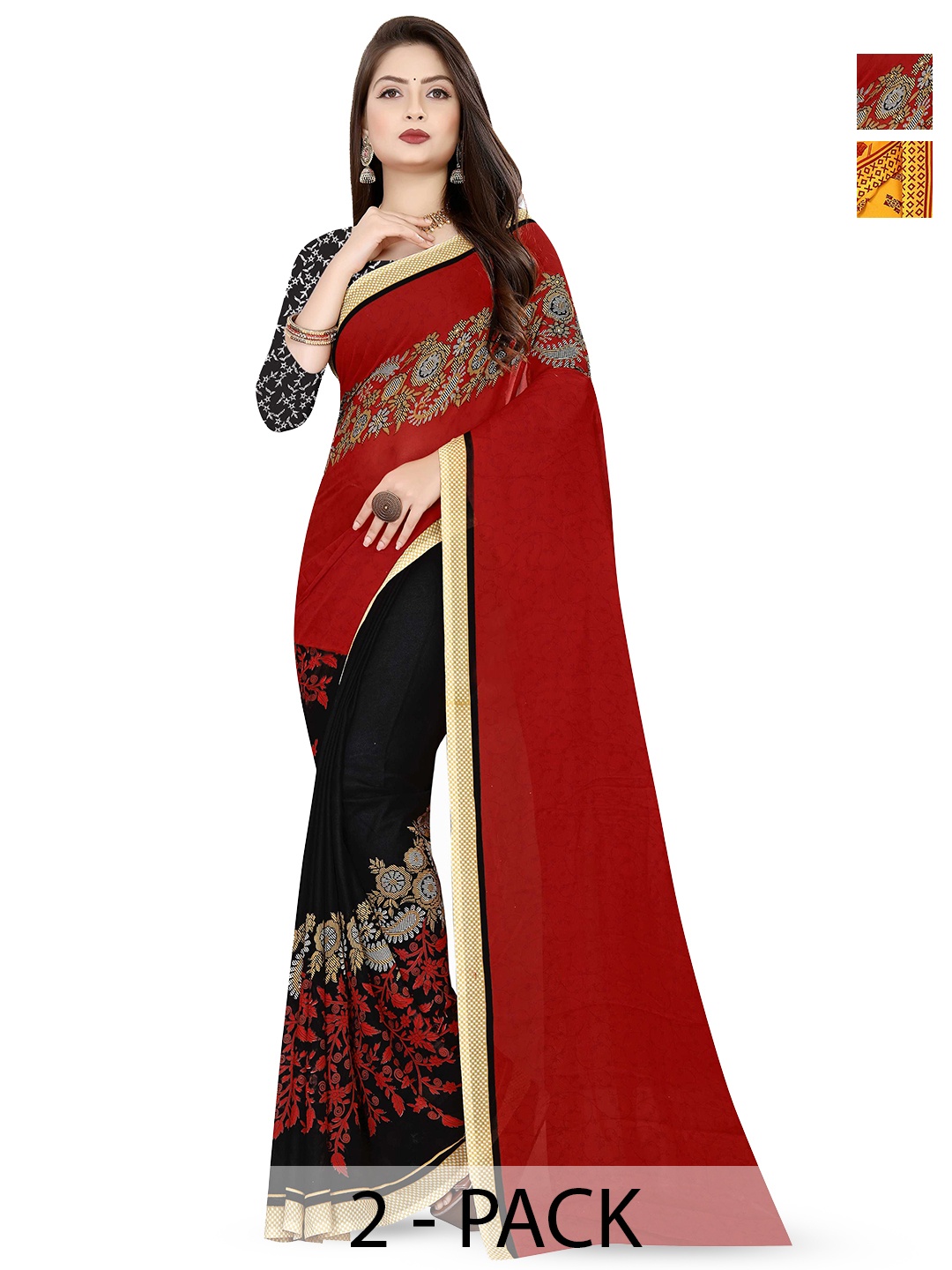 

ANAND SAREES Selection Of 2 Ethnic Motifs Printed Saree, Red