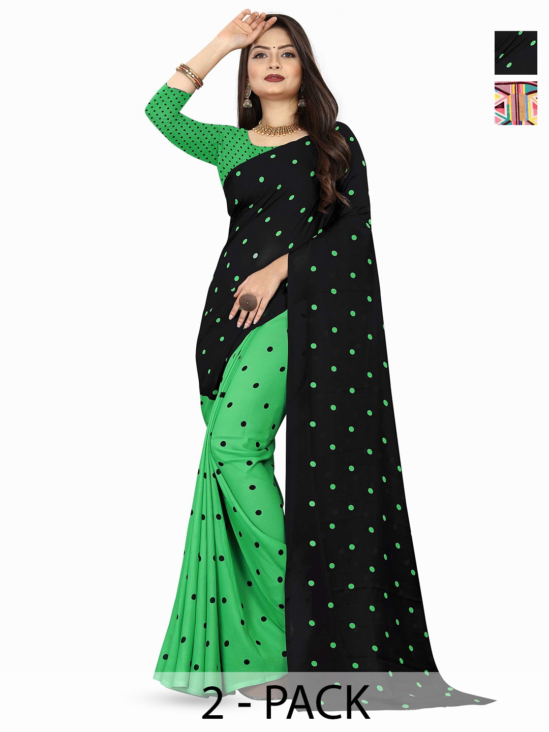 

ANAND SAREES Selection of 2 Polka Dot Half and Half Saree, Green