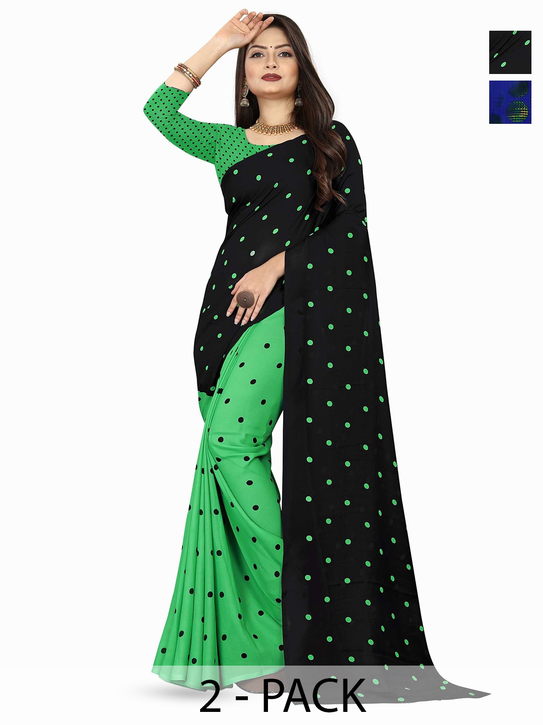 

ANAND SAREES Selection Of 2 Polka Dots Printed Saree, Black