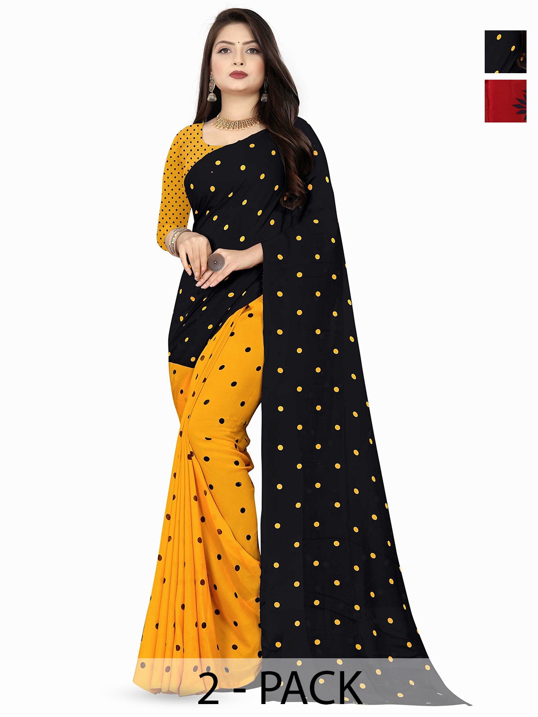 

ANAND SAREES Selection of 2 Polka Dot Printed Sarees, Black