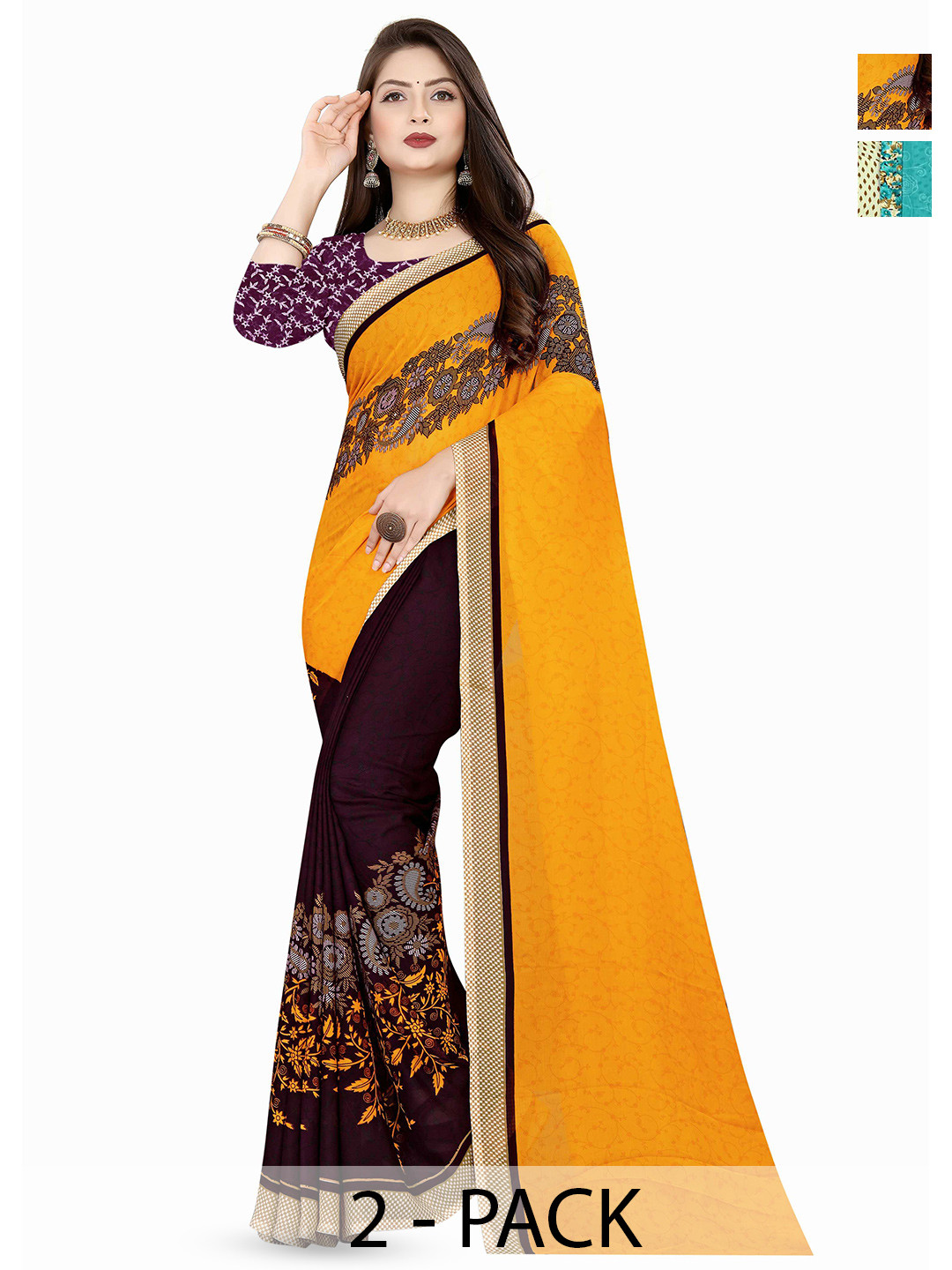 

ANAND SAREES Floral Saree Pack of 2, Beige