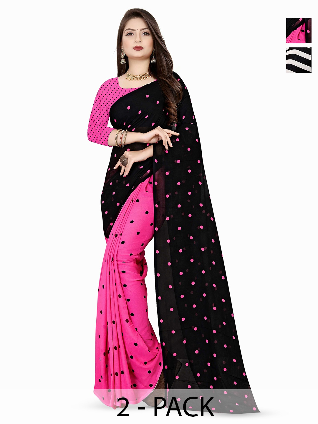 

ANAND SAREES Selection of 2 Polka Dots & Striped Printed Sarees, Black