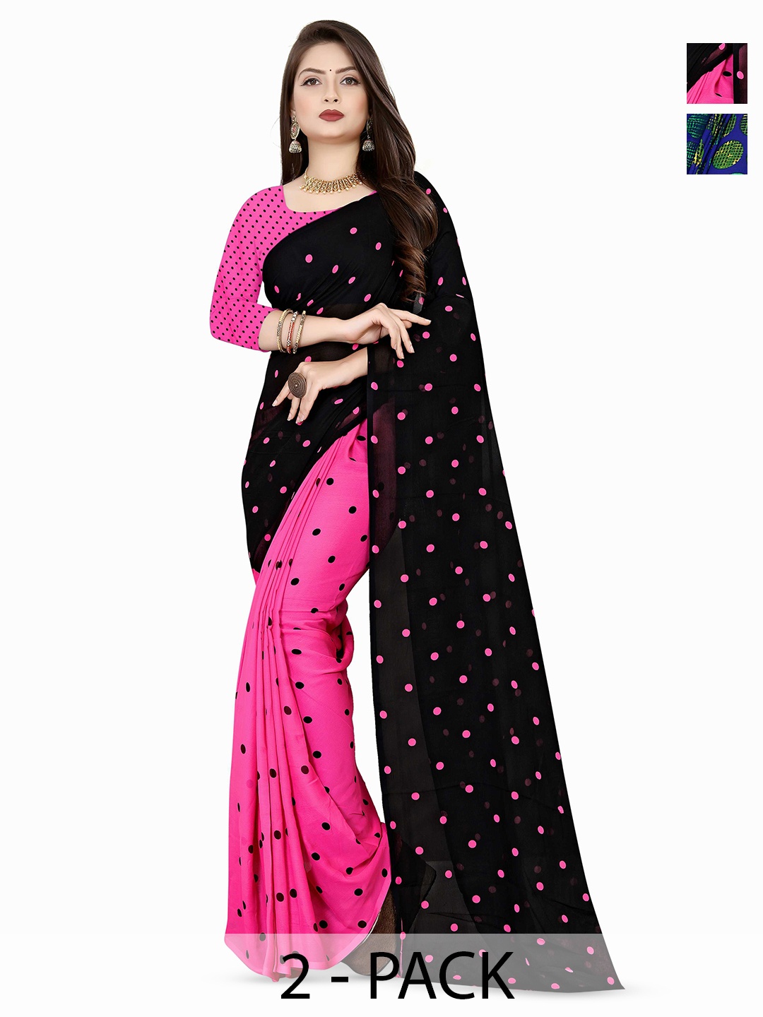 

ANAND SAREES Selection Of 2 Polka Dots Printed Saree, Pink