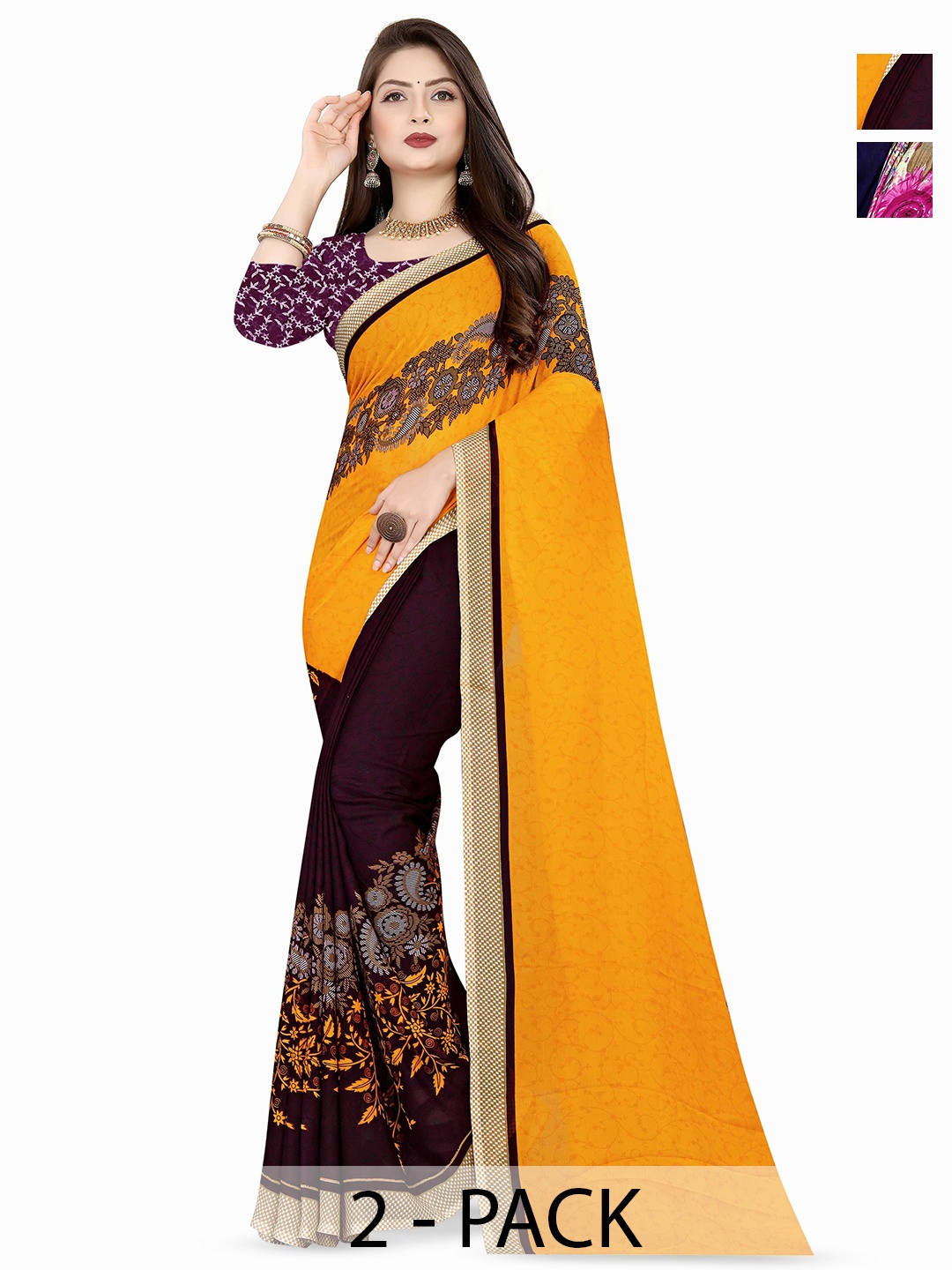 

ANAND SAREES Selection Of 2 Floral Printed Sarees, Brown