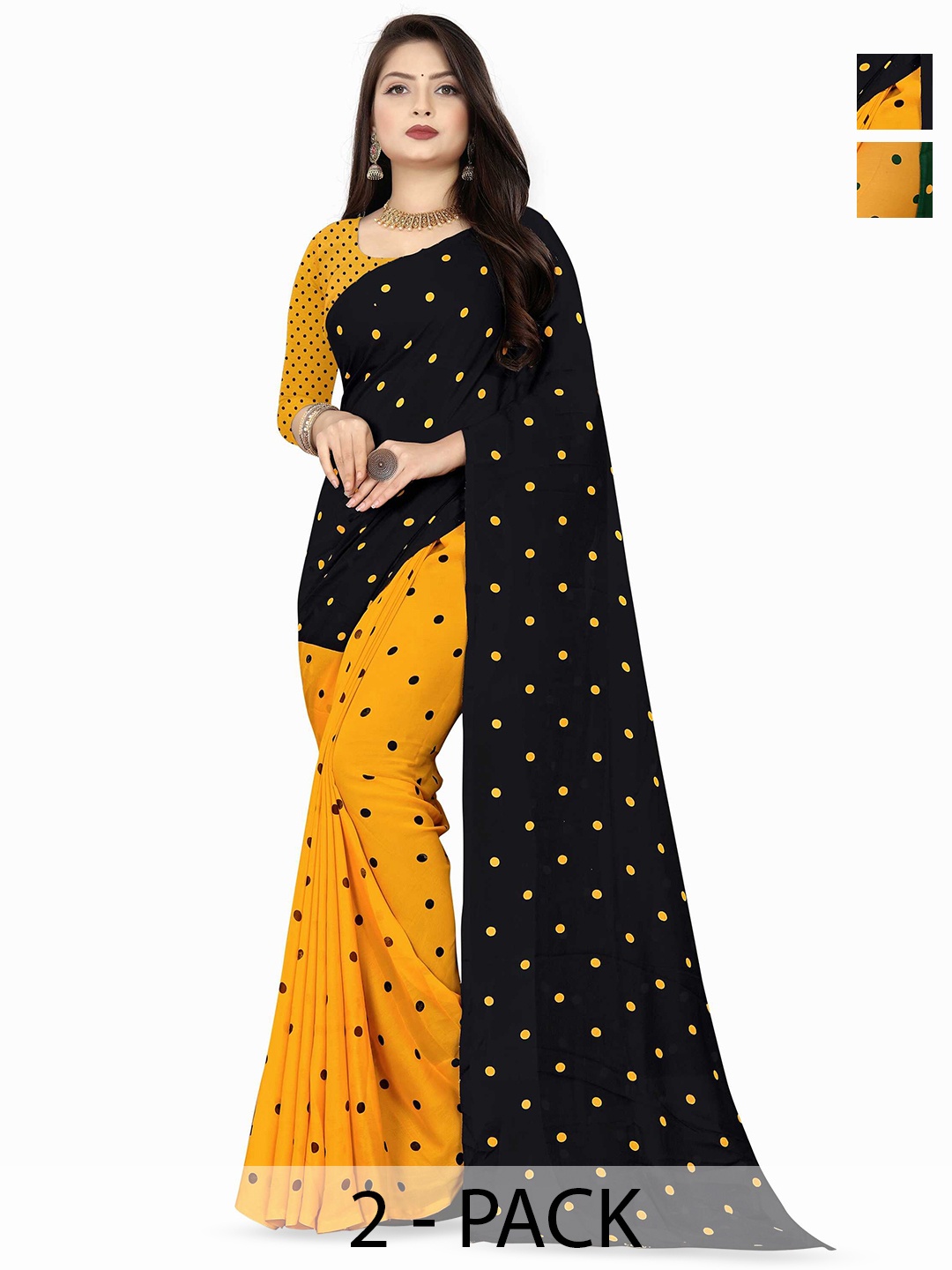 

ANAND SAREES Selection Of 2 Polka Dots Printed Sarees, Yellow