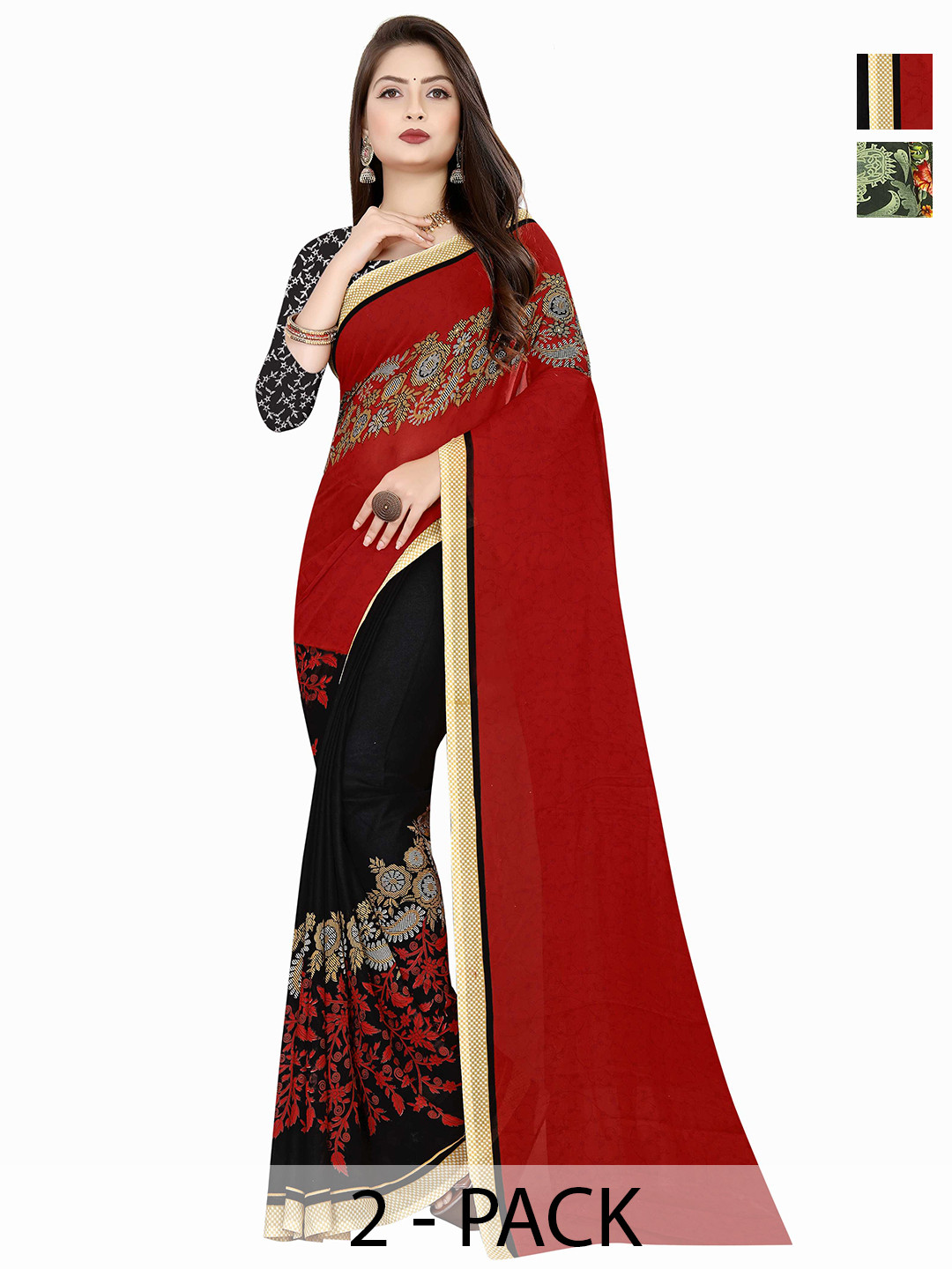 

ANAND SAREES Floral Poly Georgette Saree Pack of 2, Black