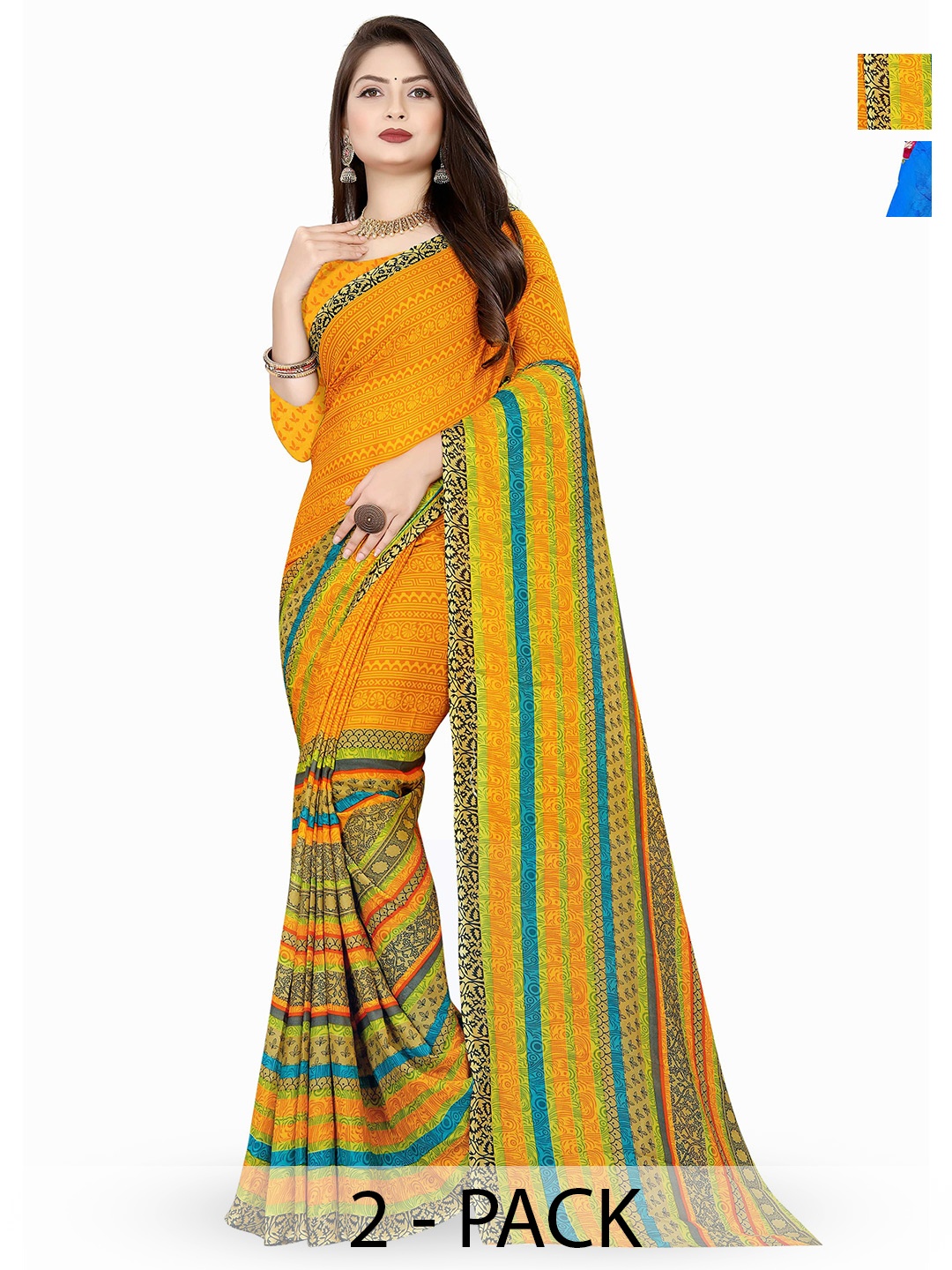 

ANAND SAREES Selection Of 2 Floral Printed Sarees, Blue