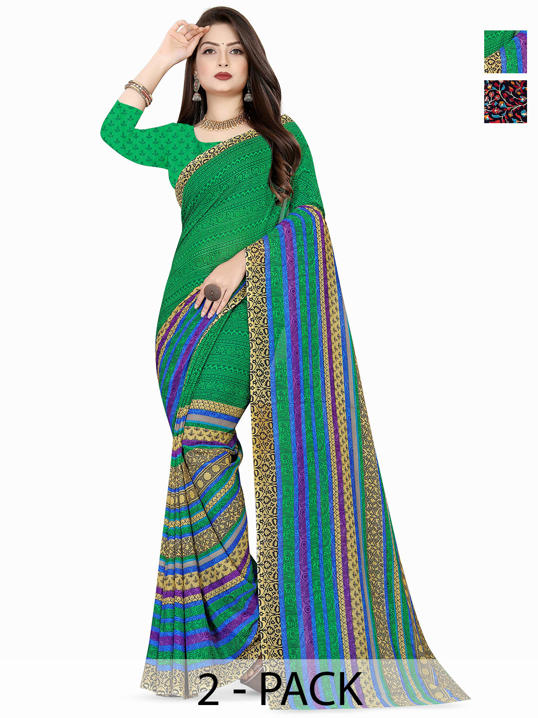 

ANAND SAREES Pack of 2 Striped Saree, Green