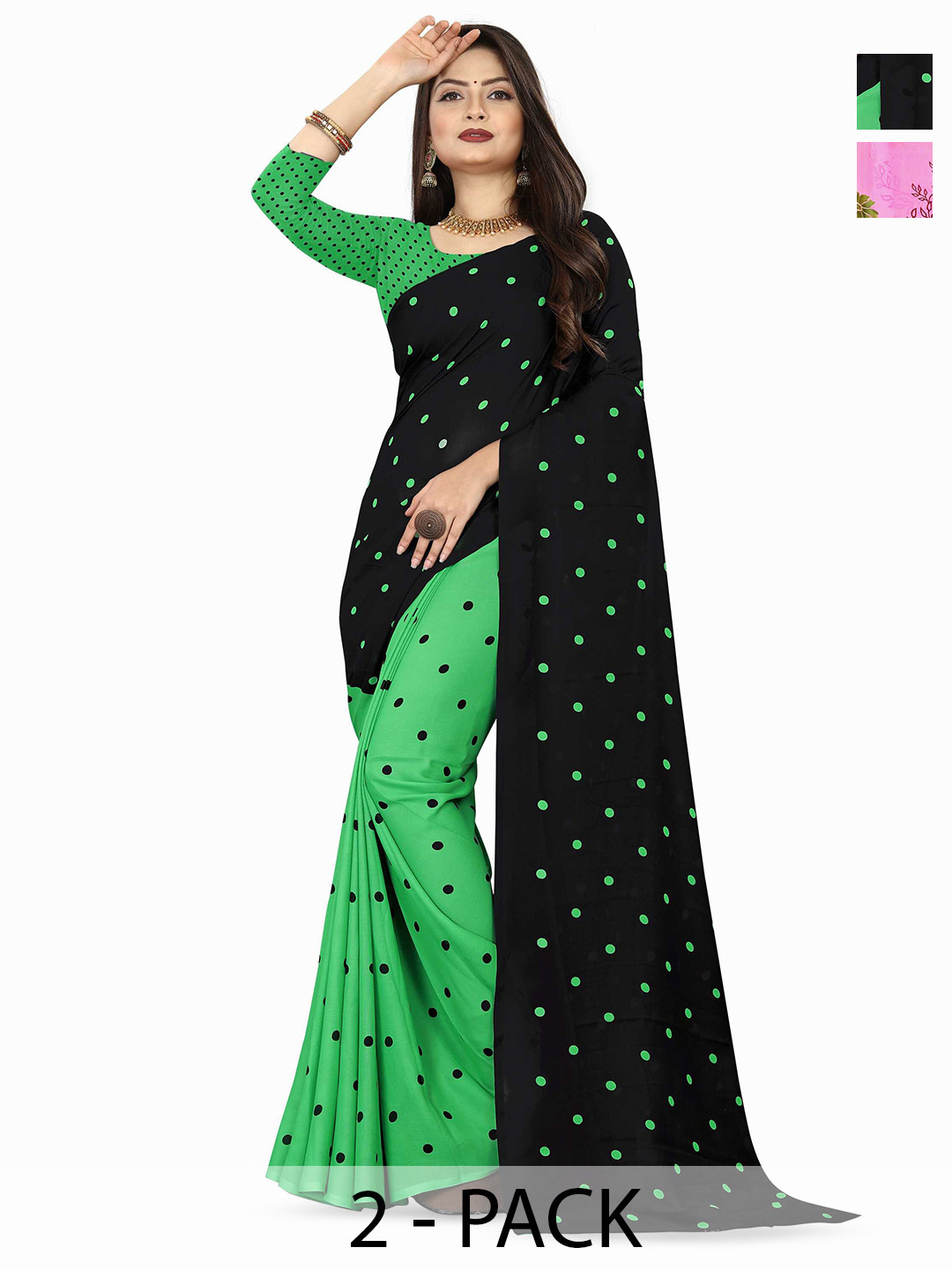 

ANAND SAREES Selection Of 2 Polka Dot Printed Sarees, Black