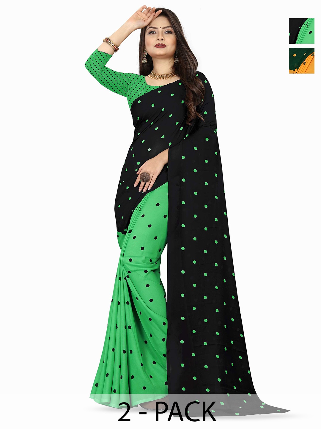 

ANAND SAREES Selection Of 2 Polka Dot Printed Saree, Green