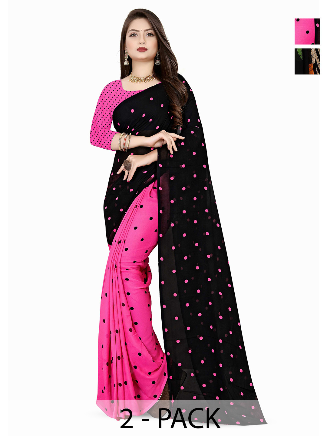 

ANAND SAREES Selection of 2 Polka Dot Saree, Black