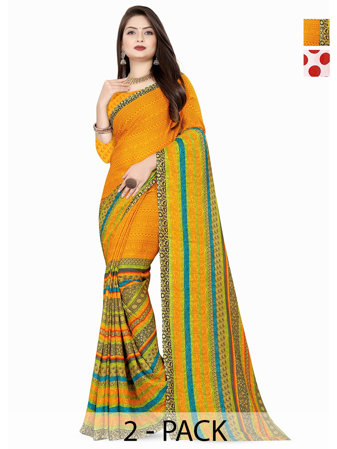 

ANAND SAREES Selection Of 2 Floral Printed Sarees, Red