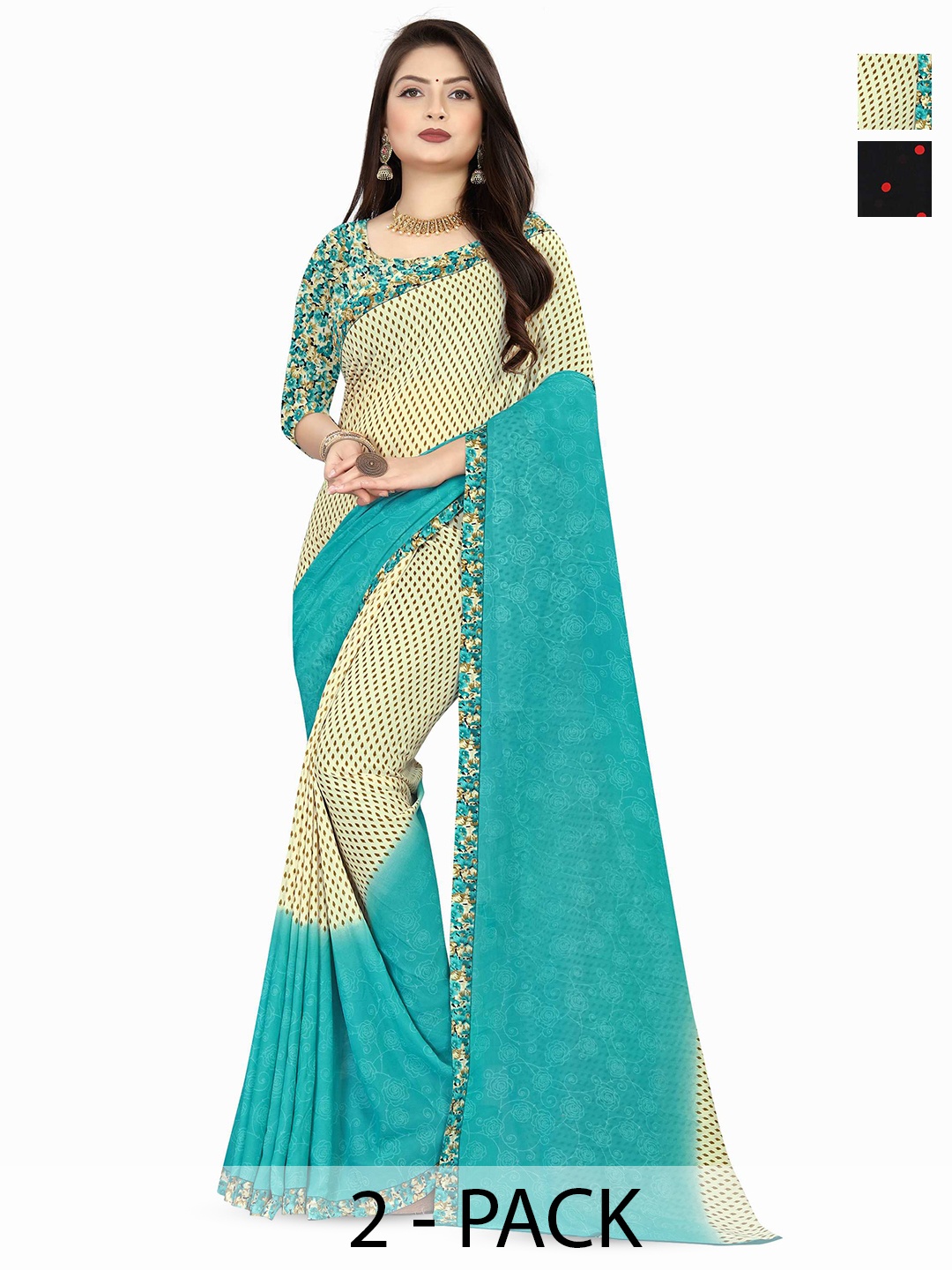 

ANAND SAREES Selection Of 2 Floral Printed Sarees, Red