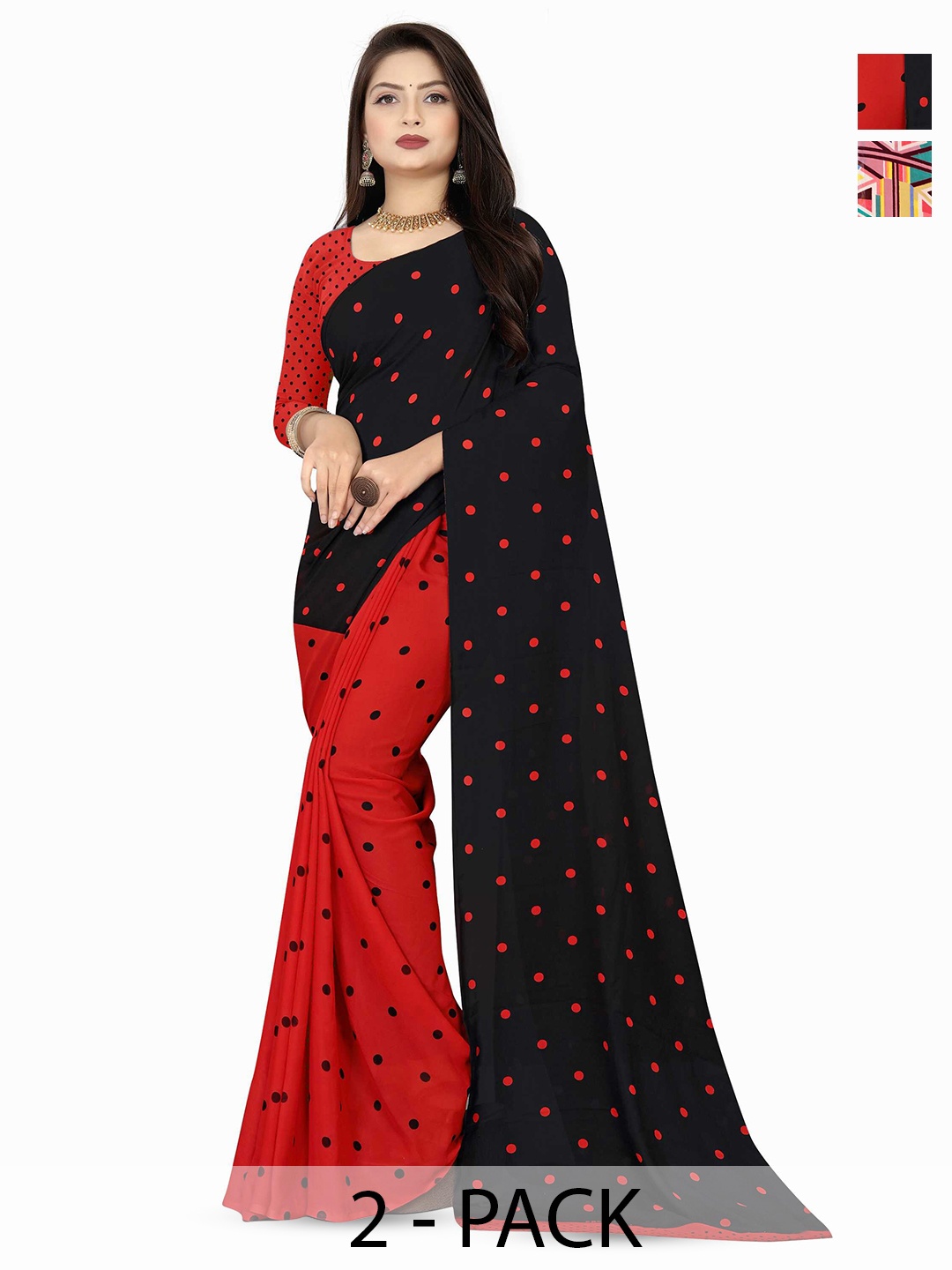 

ANAND SAREES Polka Dot Saree Pack of 2, Black