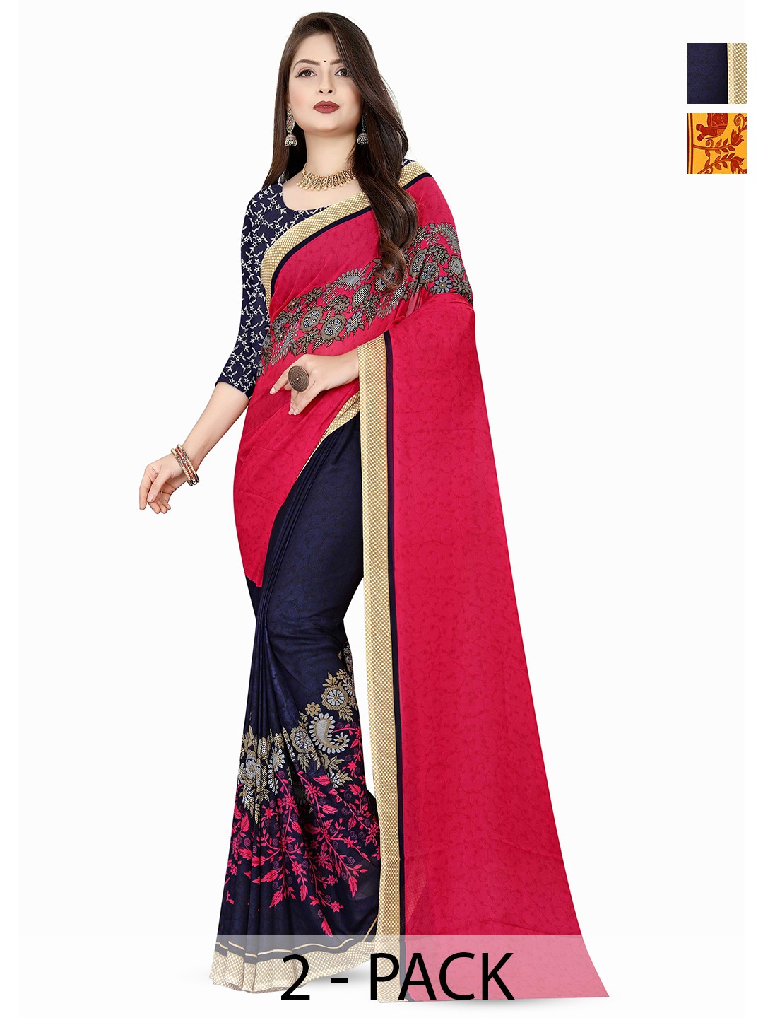 

ANAND SAREES Floral Poly Georgette Saree Pack of 2, Yellow