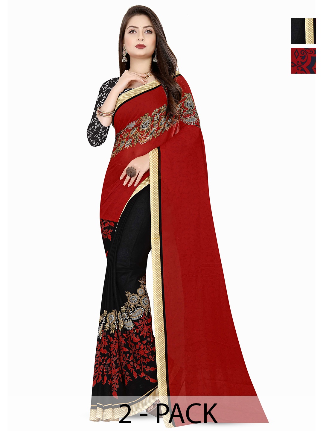 

ANAND SAREES Selection Of 2 Floral Printed Sarees, Red