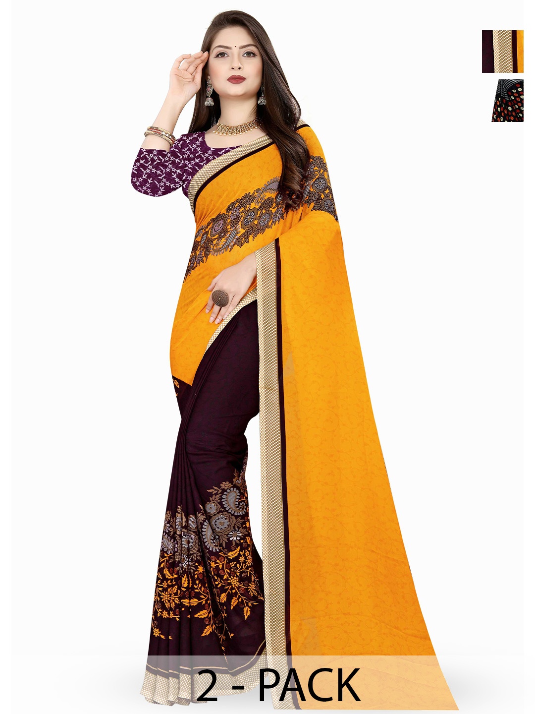 

ANAND SAREES Floral Poly Georgette Saree Pack of 2, Yellow