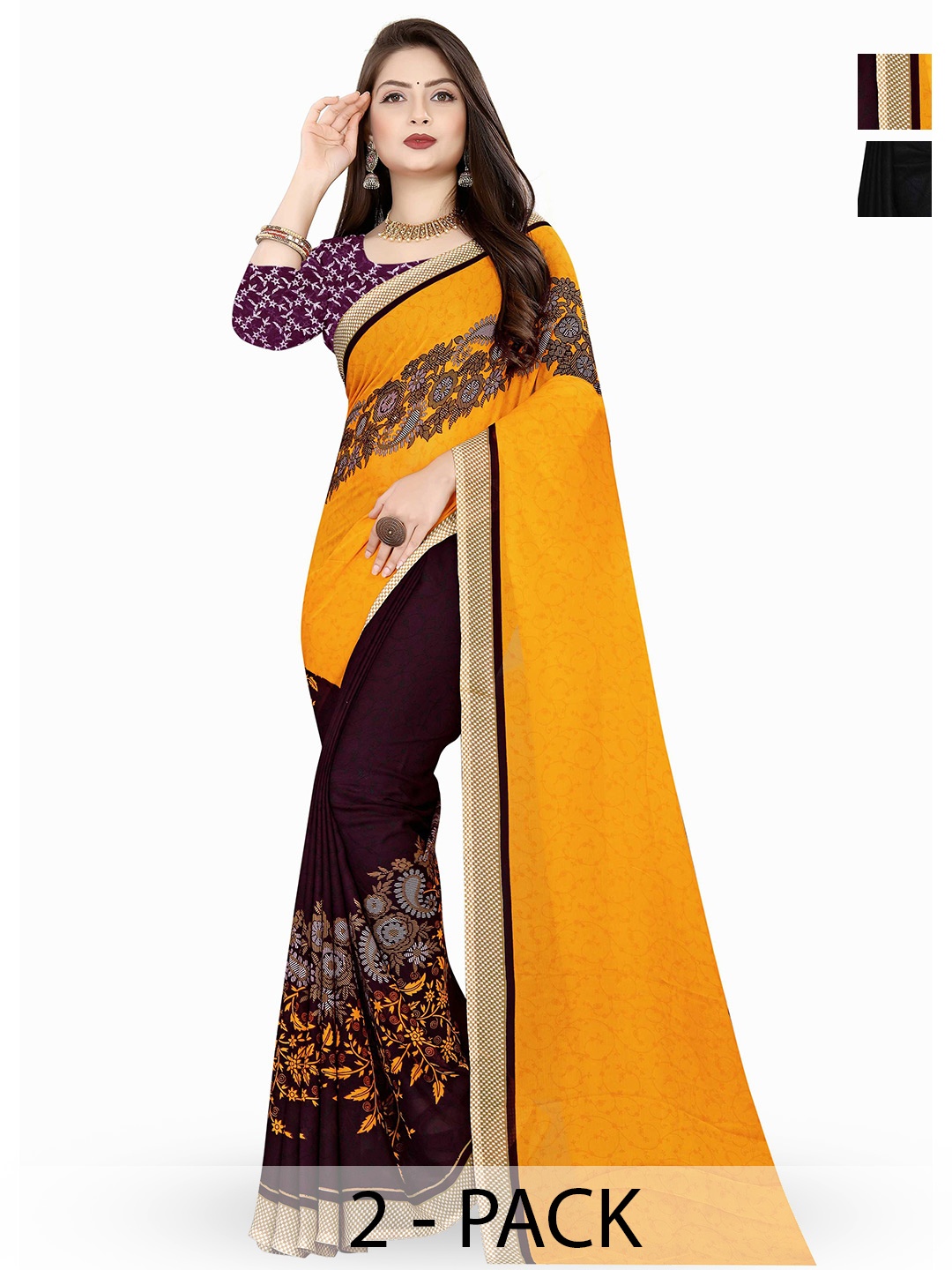 

ANAND SAREES Selection Of 2 Floral Printed Sarees, Yellow