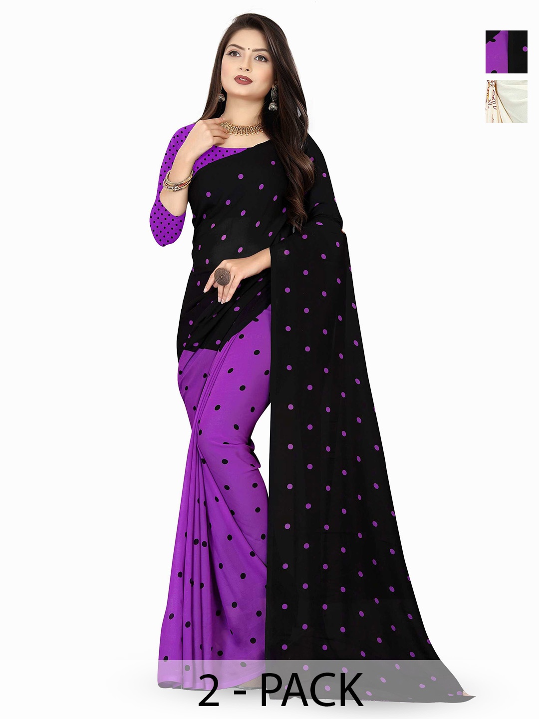 

ANAND SAREES Pack of-2 Polka Dot Saree, Black