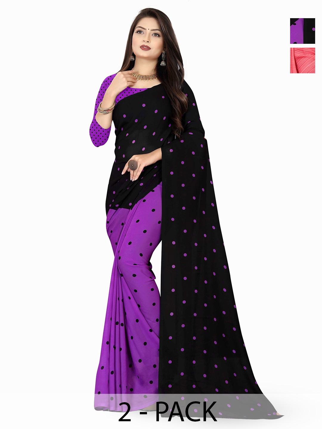 

ANAND SAREES Selection Of 2 Polka Dots Printed Saree, Black