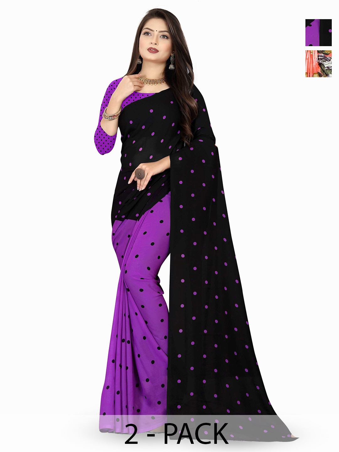 

ANAND SAREES Polka Dot Poly Georgette Saree Pack of 2, Black