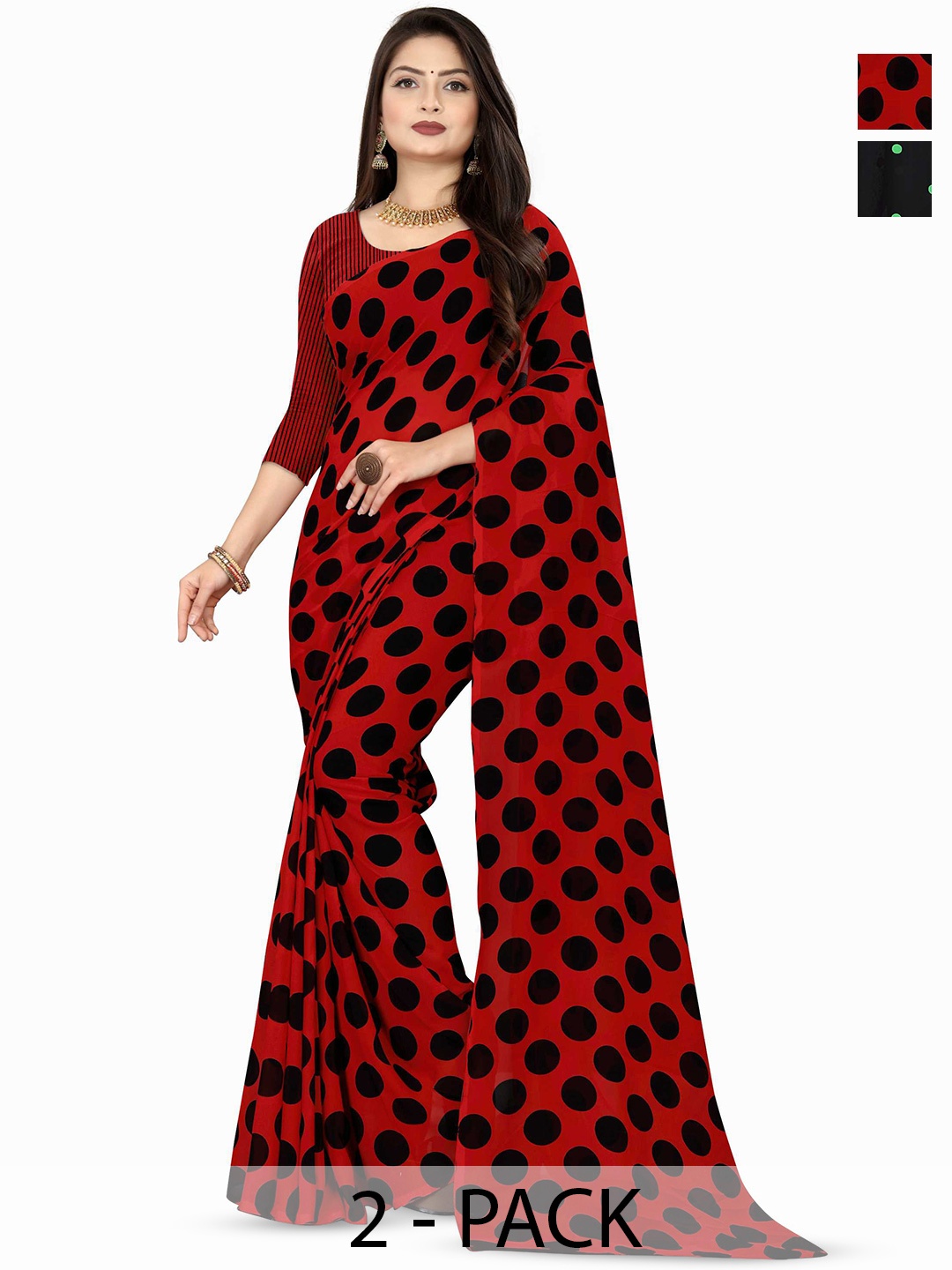 

ANAND SAREES Pack of-2 Polka Dot Saree, Green