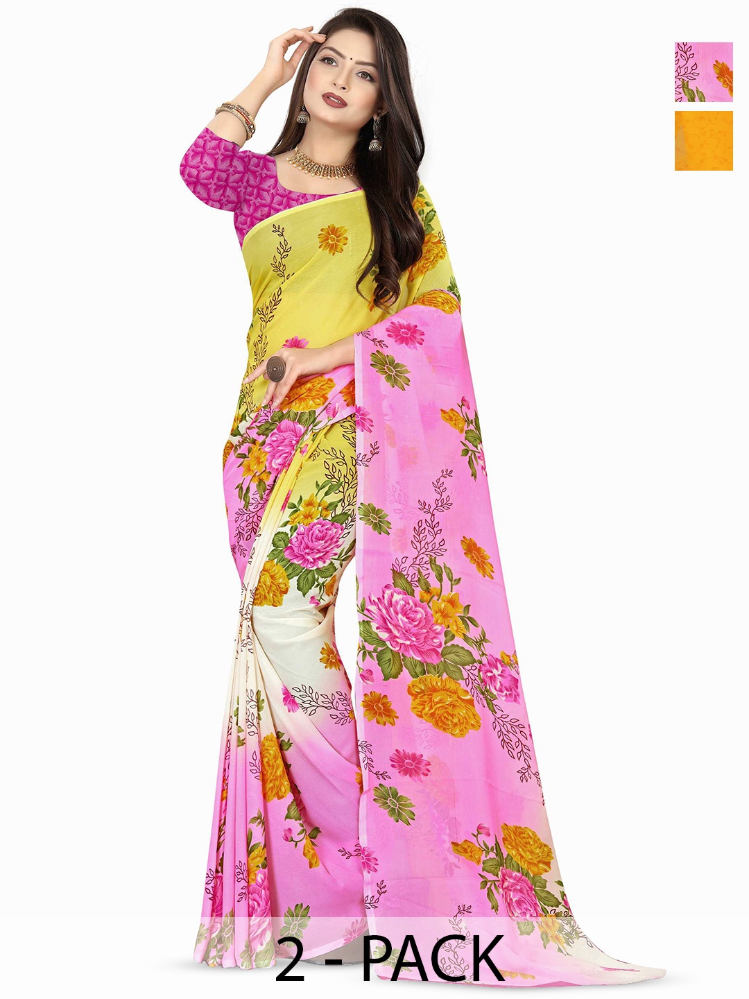 

ANAND SAREES Pack of 2 Floral Printed Sarees, Pink