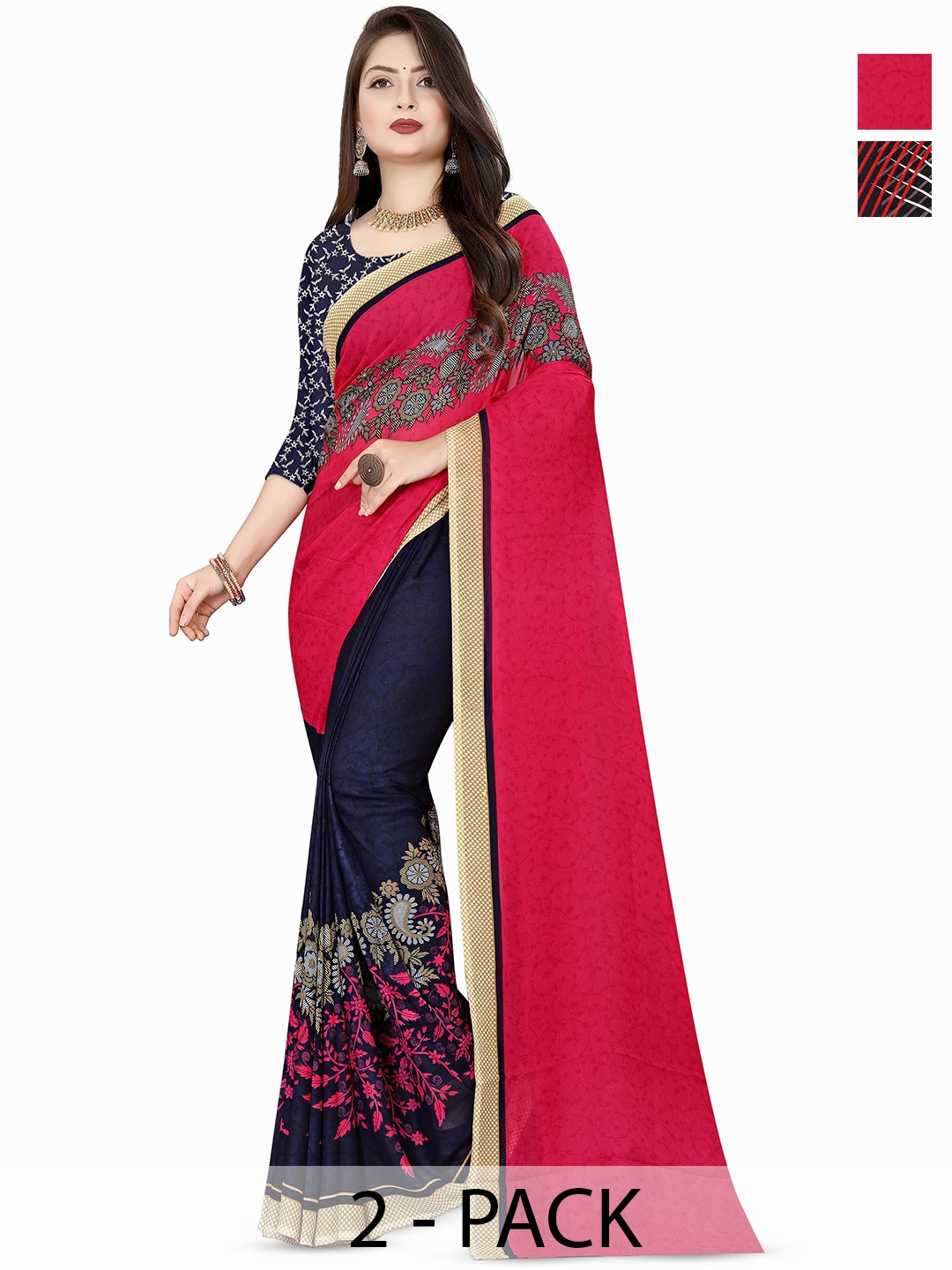 

ANAND SAREES Selection of 2 Floral & Geometric Printed Sarees, Red