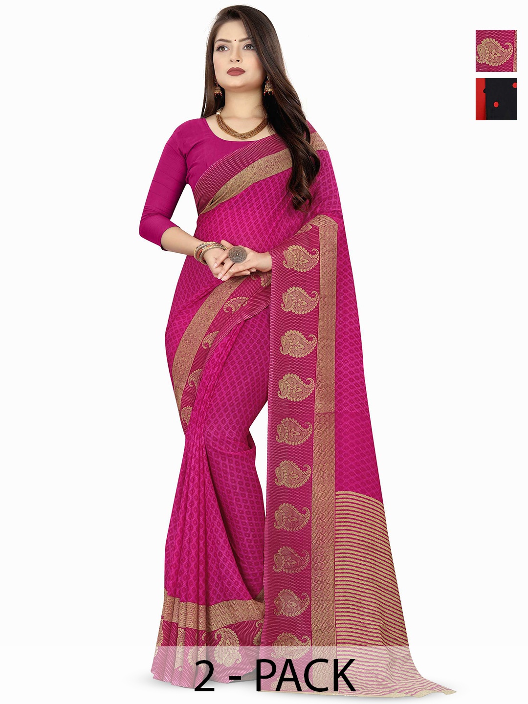 

ANAND SAREES Polka Dot Zari Poly Georgette Saree Pack of 2, Red