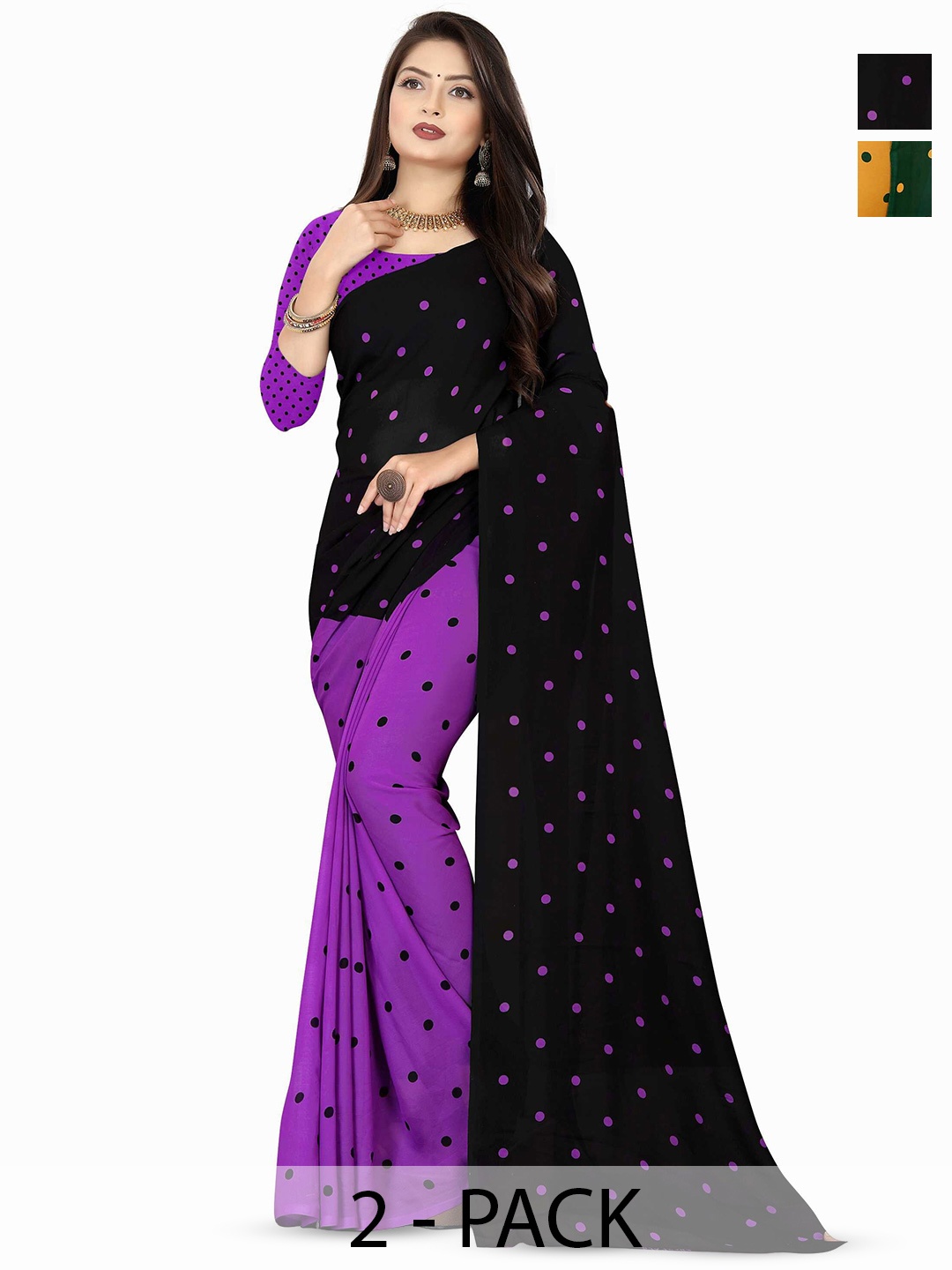 

ANAND SAREES Polka Dot Poly Georgette Saree Pack of 2, Green