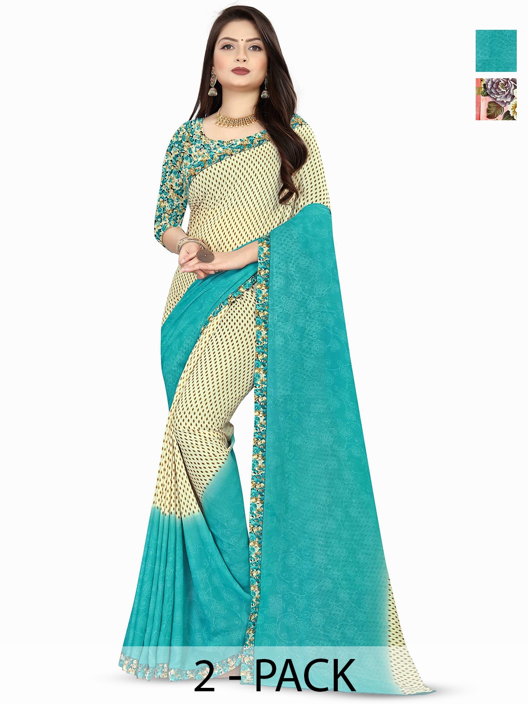 

ANAND SAREES Pack of-2 Floral Saree, Blue