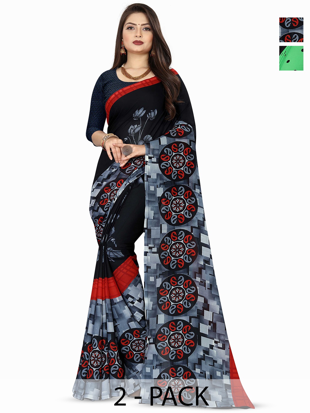 

ANAND SAREES Combo Pack of 2 Polka Dot Poly Georgette Saree, Black