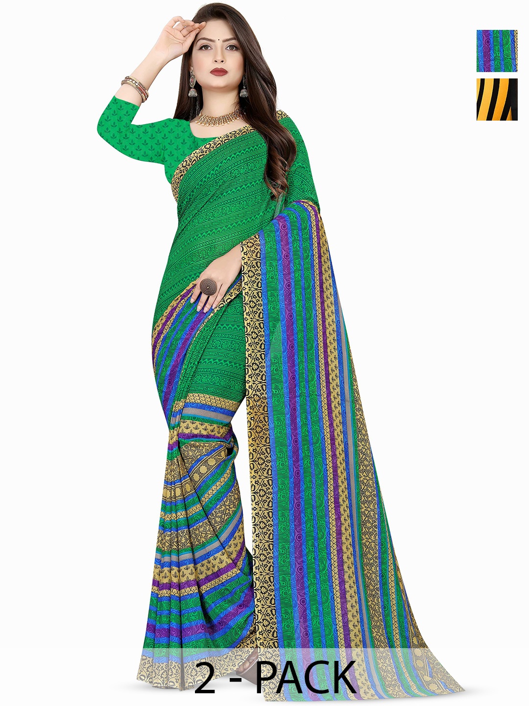 

ANAND SAREES Pack of 2 Polka Dot Poly Georgette Saree, Black