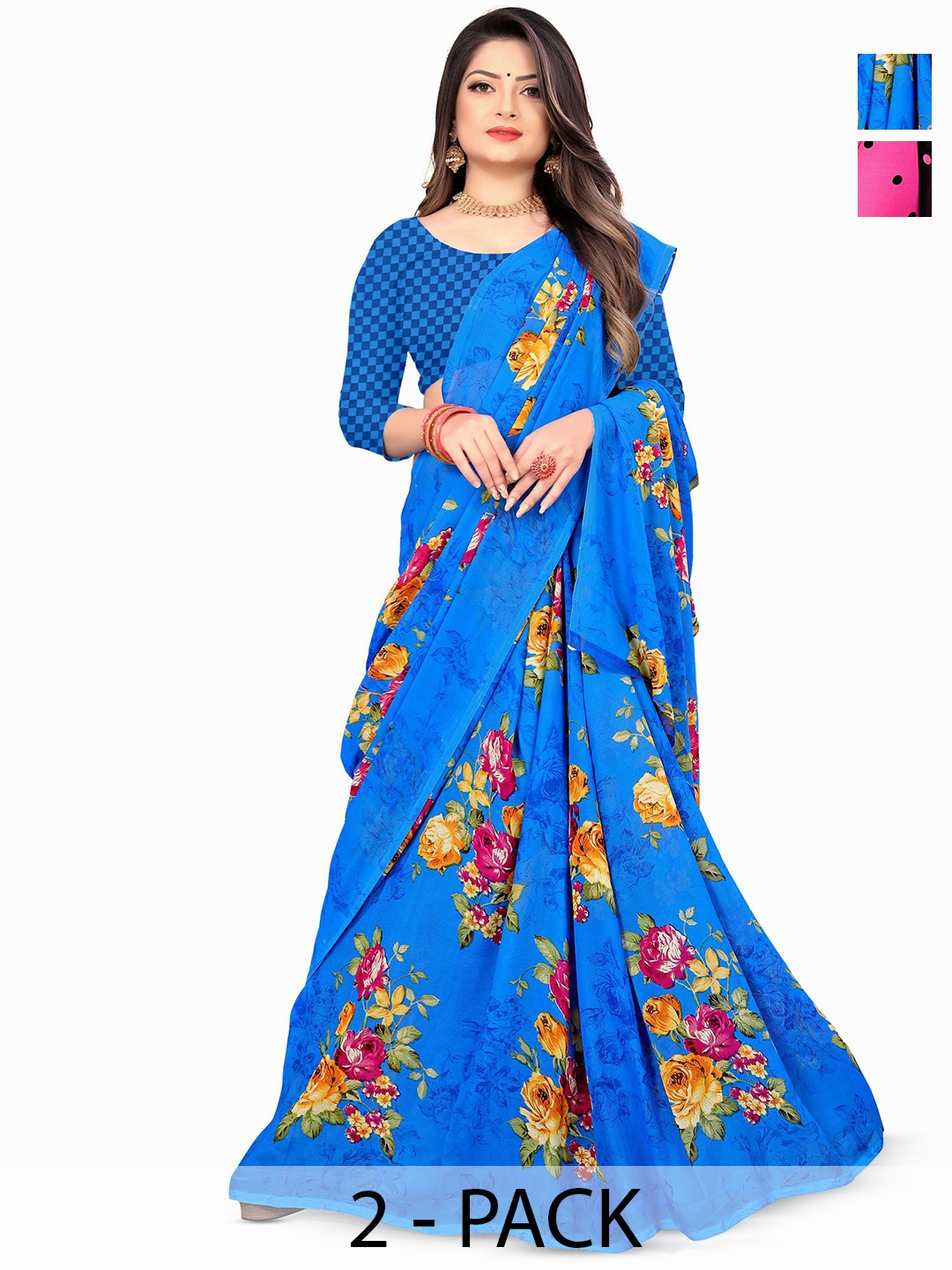 

ANAND SAREES Selection of 2 Floral Printed Sarees, Pink
