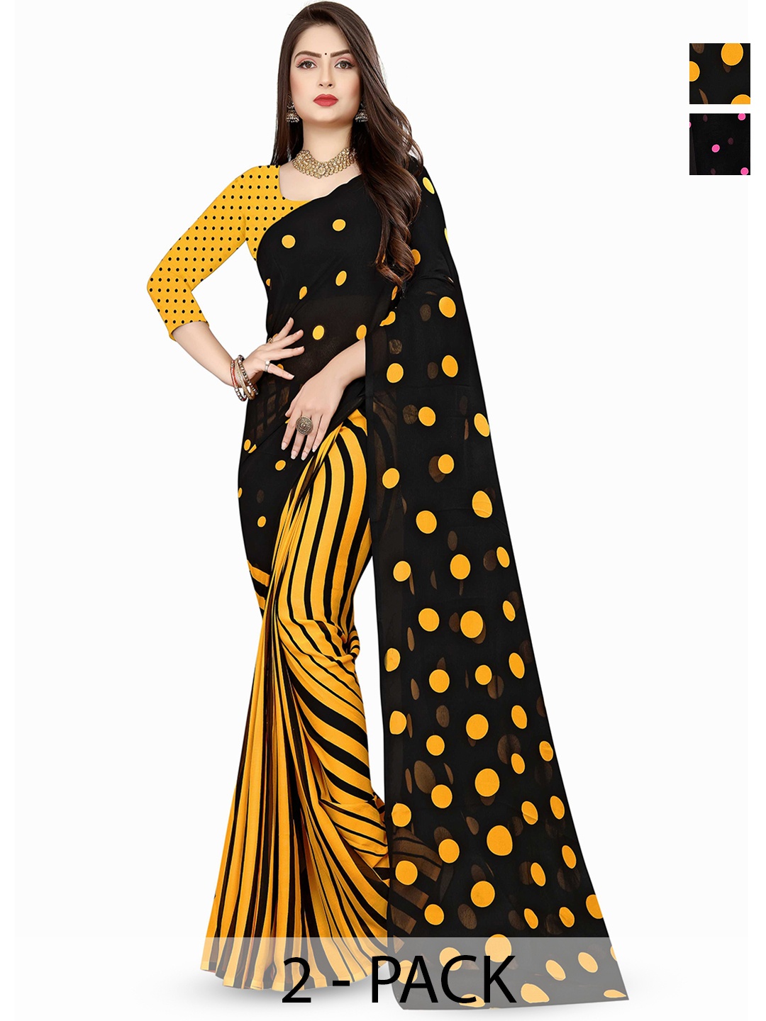 

ANAND SAREES Combo Pack of 2 Polka Dot Poly Georgette Saree, Black