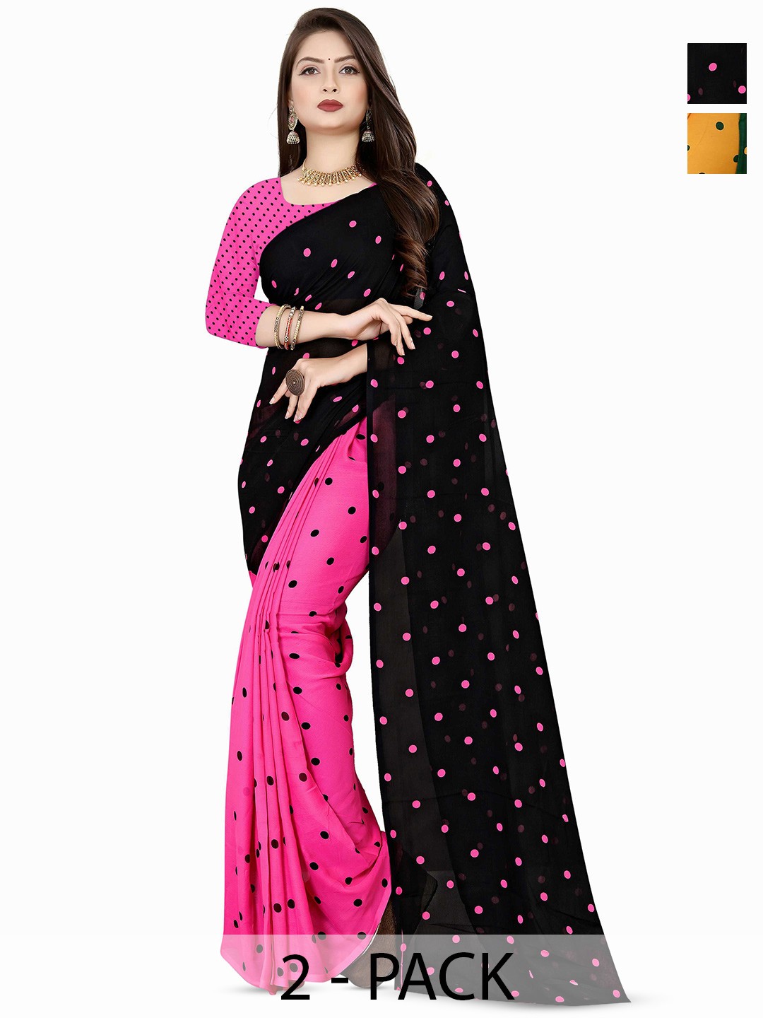 

ANAND SAREES Selection Of 2 Polka Dot Printed Saree, Black