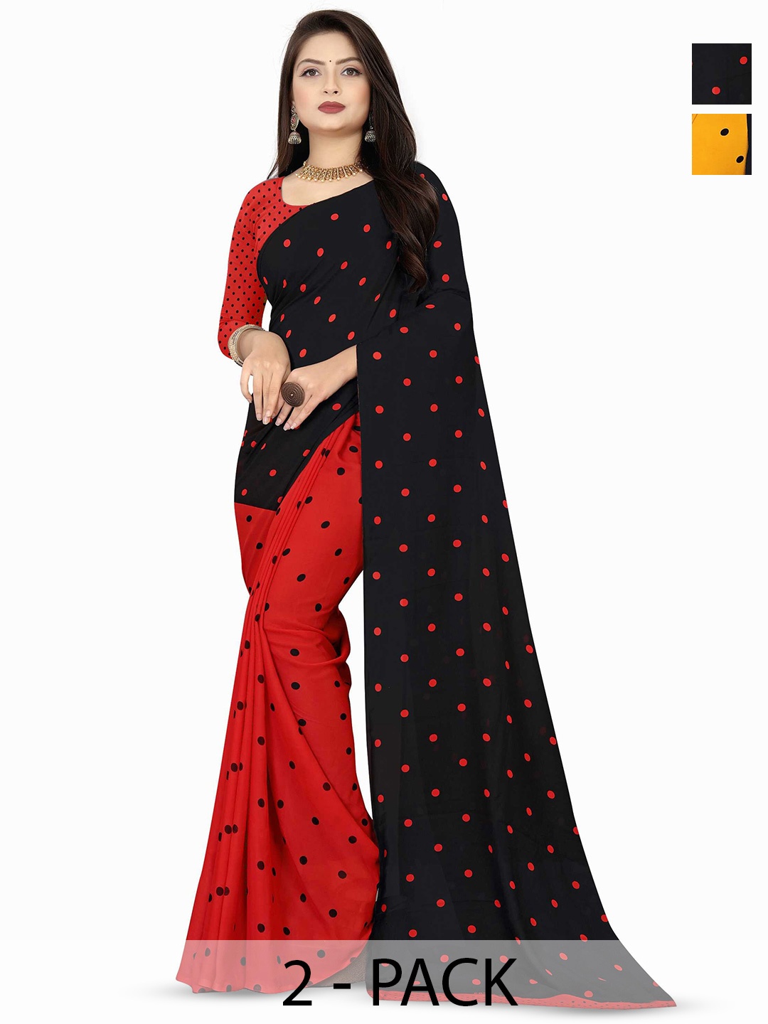 

ANAND SAREES Pack of-2 Polka Dot Saree, Black