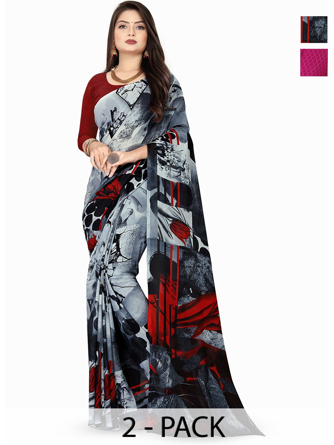 

ANAND SAREES Selection of 2 Floral Printed Sarees, Red