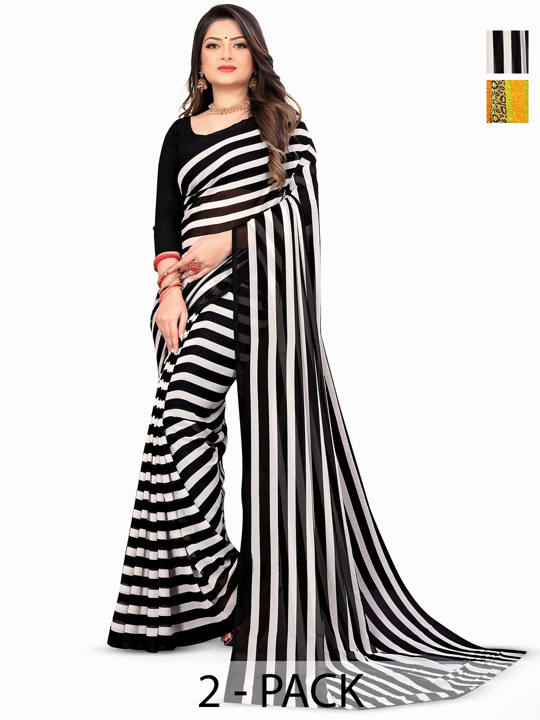

ANAND SAREES Selection of 2 Striped Printed Sarees, Black
