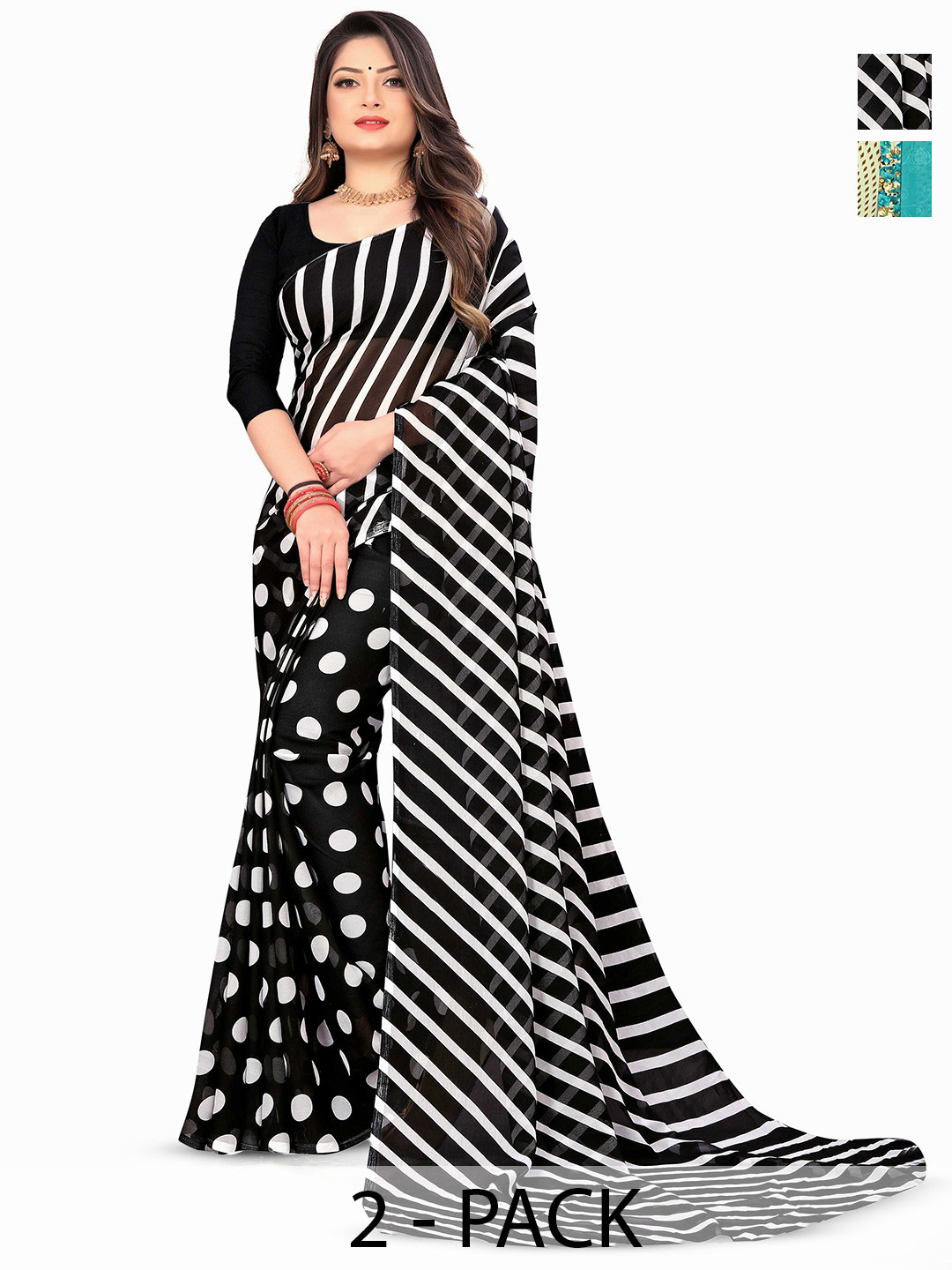 

ANAND SAREES Selection Of 2 Printed Sarees, Black
