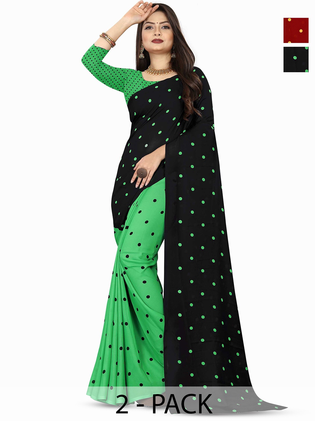 

ANAND SAREES Combo Pack of 2 Polka Dot Poly Georgette Saree, Red