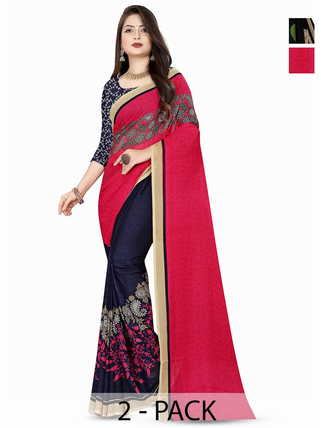 

ANAND SAREES Selection of 2 Floral Printed Saree, Black