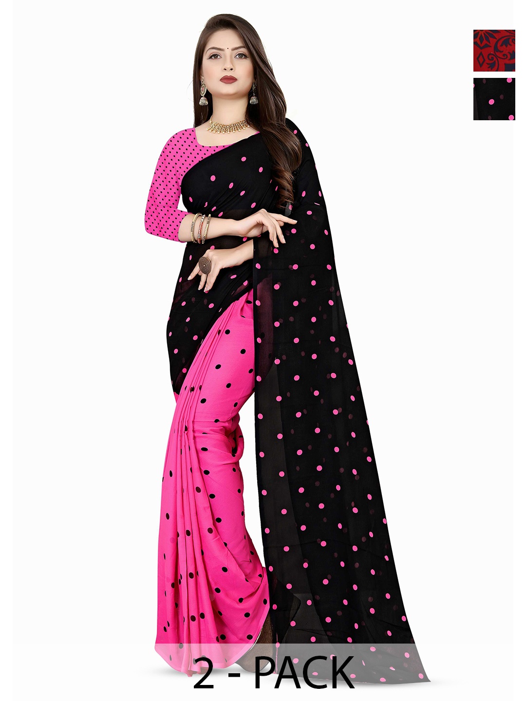 

ANAND SAREES Combo Pack of 2 Polka Dots Poly Georgette Saree, Pink