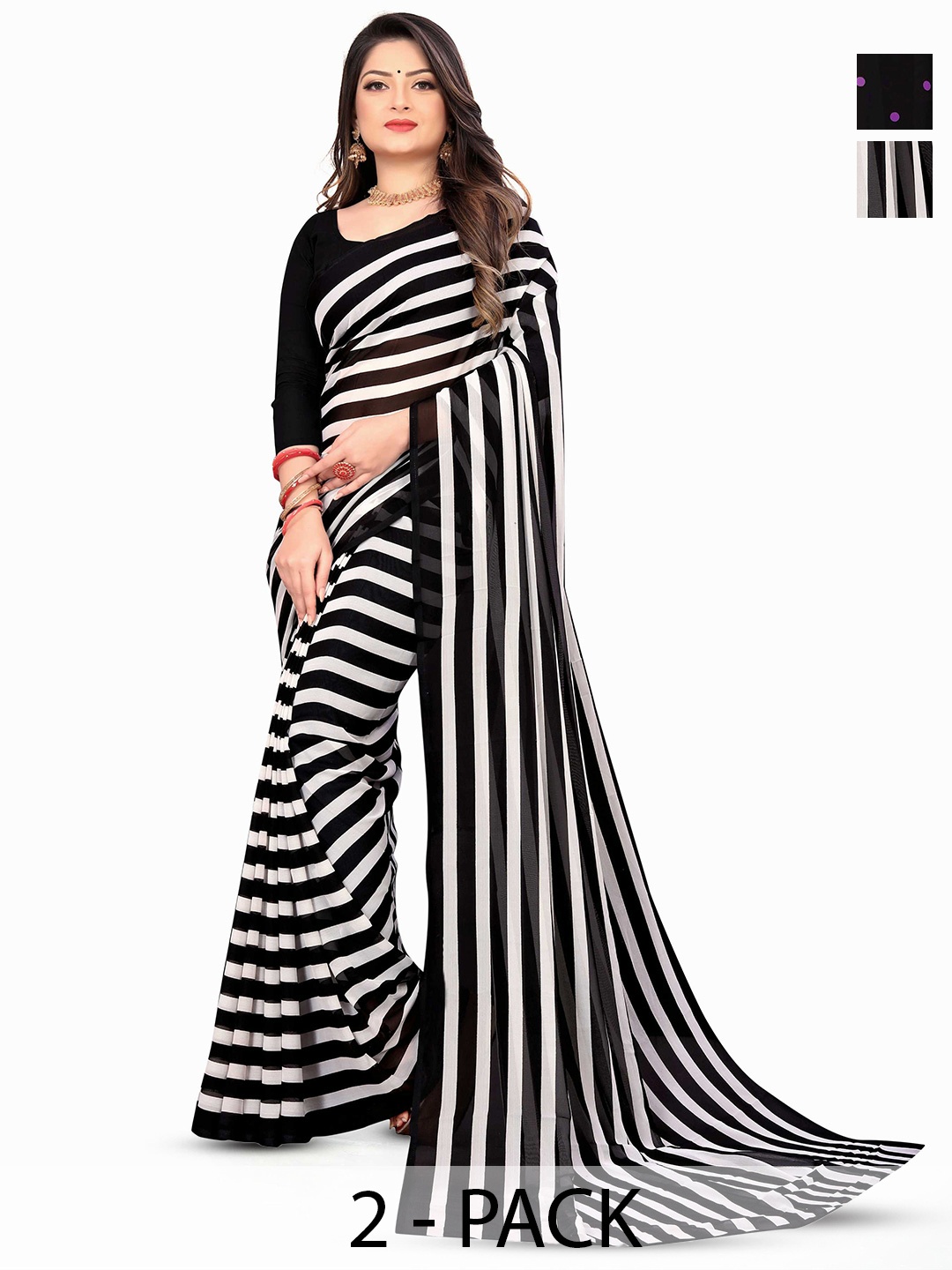 

ANAND SAREES Selection Of 2 Polka Dot Printed Saree, Black
