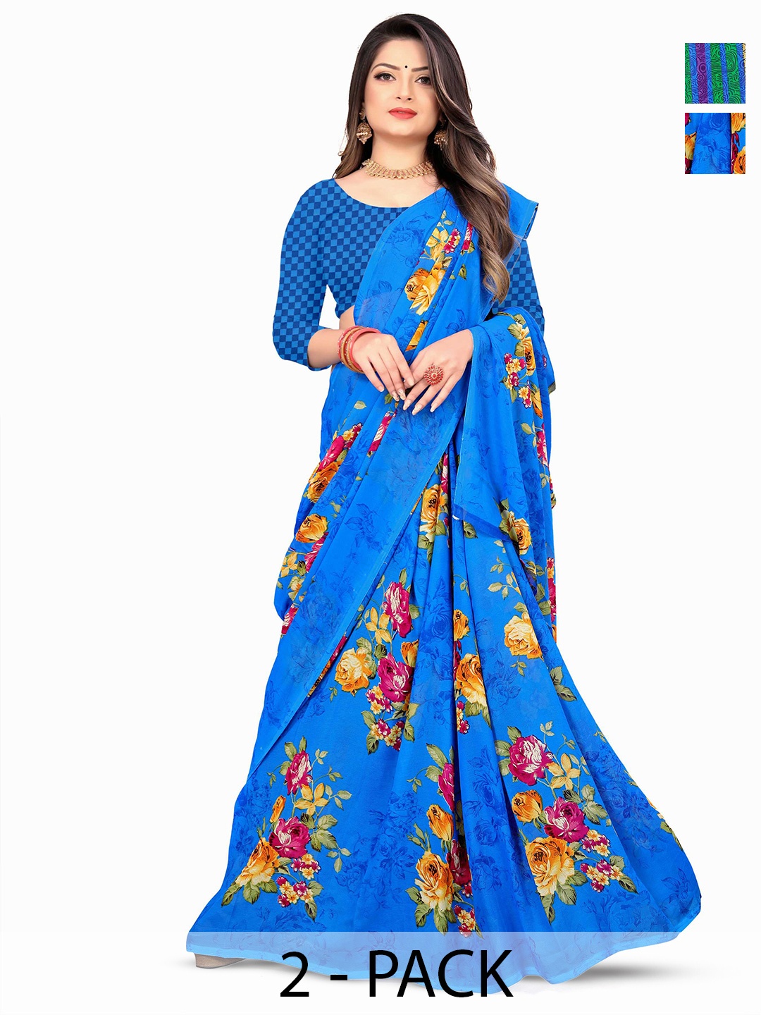 

ANAND SAREES Selection Of 2 Floral Printed Sarees, Blue