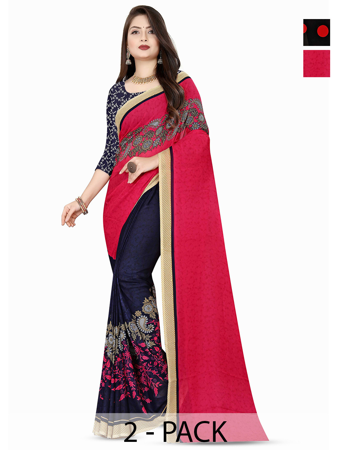 

ANAND SAREES Selection Of 2 Floral Printed Sarees, Red