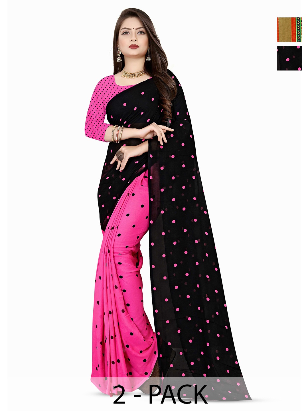 

ANAND SAREES Pack of 2 Polka Dots Poly Georgette Saree, Black