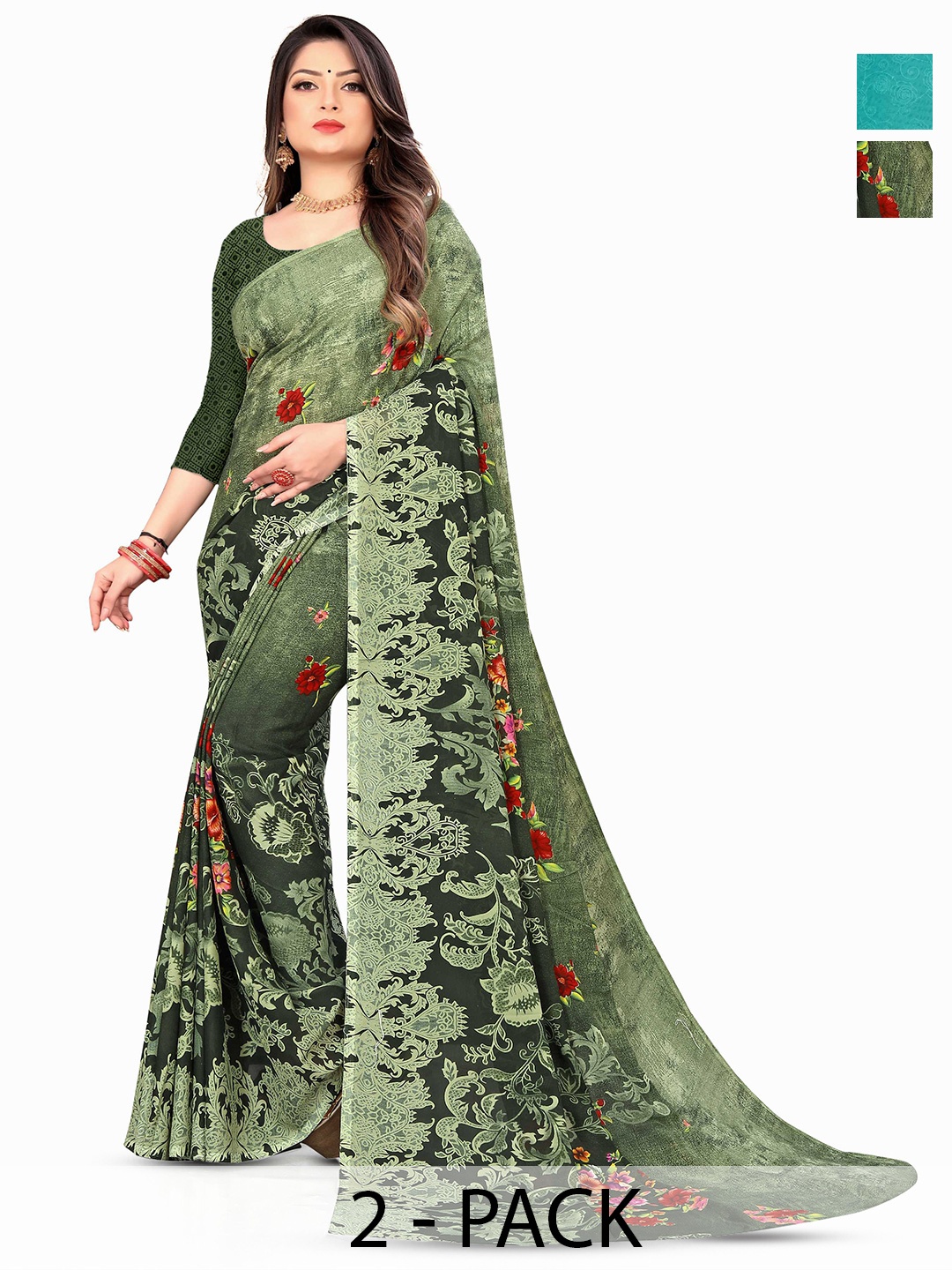 

ANAND SAREES Selection Of 2 Floral Printed Sarees, Blue